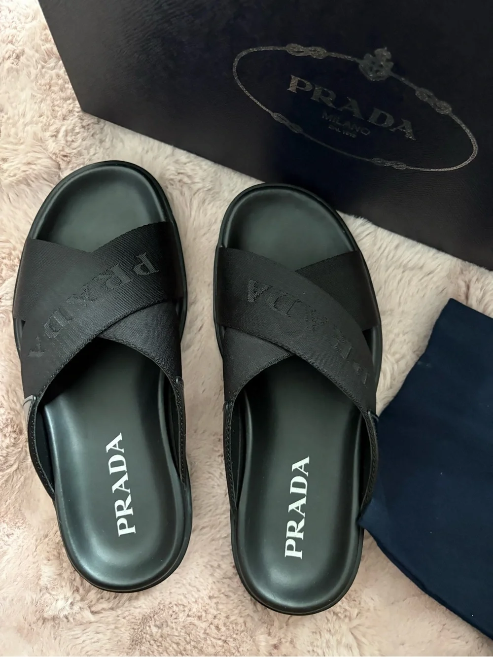 Prada Black Cross-Band Logo Slides for Men PRADA Leather Crisscross Slides Band Sandals 4X2207 Black  main image 3